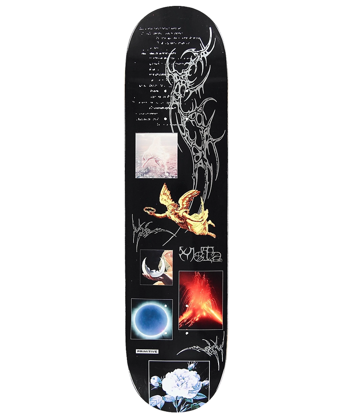 Primitive Mota Energy 8.0 skateboard deck with black graphic, silver foil and mixed-media artwork.