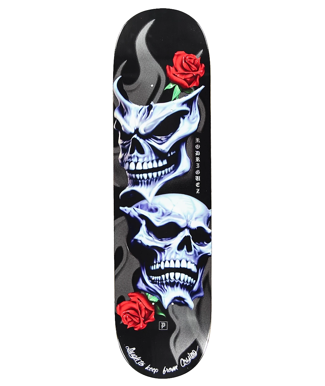 Primitive Paul Rodriguez Comedy 8.25 skateboard deck with skull, rose and silver foil artwork.
