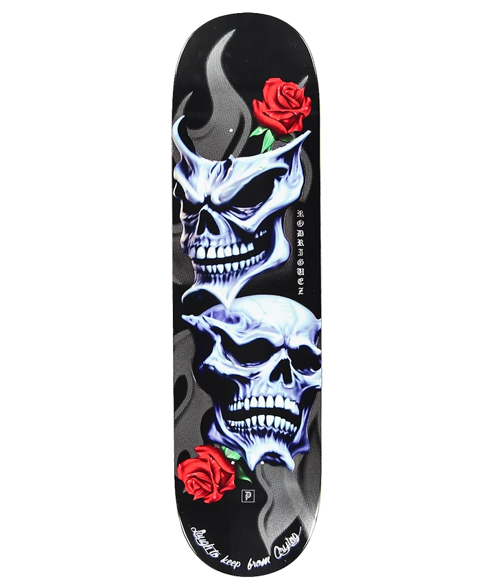 Primitive Paul Rodriguez Comedy 8.25 skateboard deck with skull, rose and silver foil artwork.