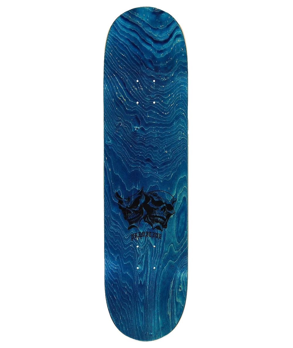 A skateboard deck with a blue wood-grain finish, featuring a black graphic of two skulls and the brand name 'DEADLINE' printed below it, set against a plain white background.