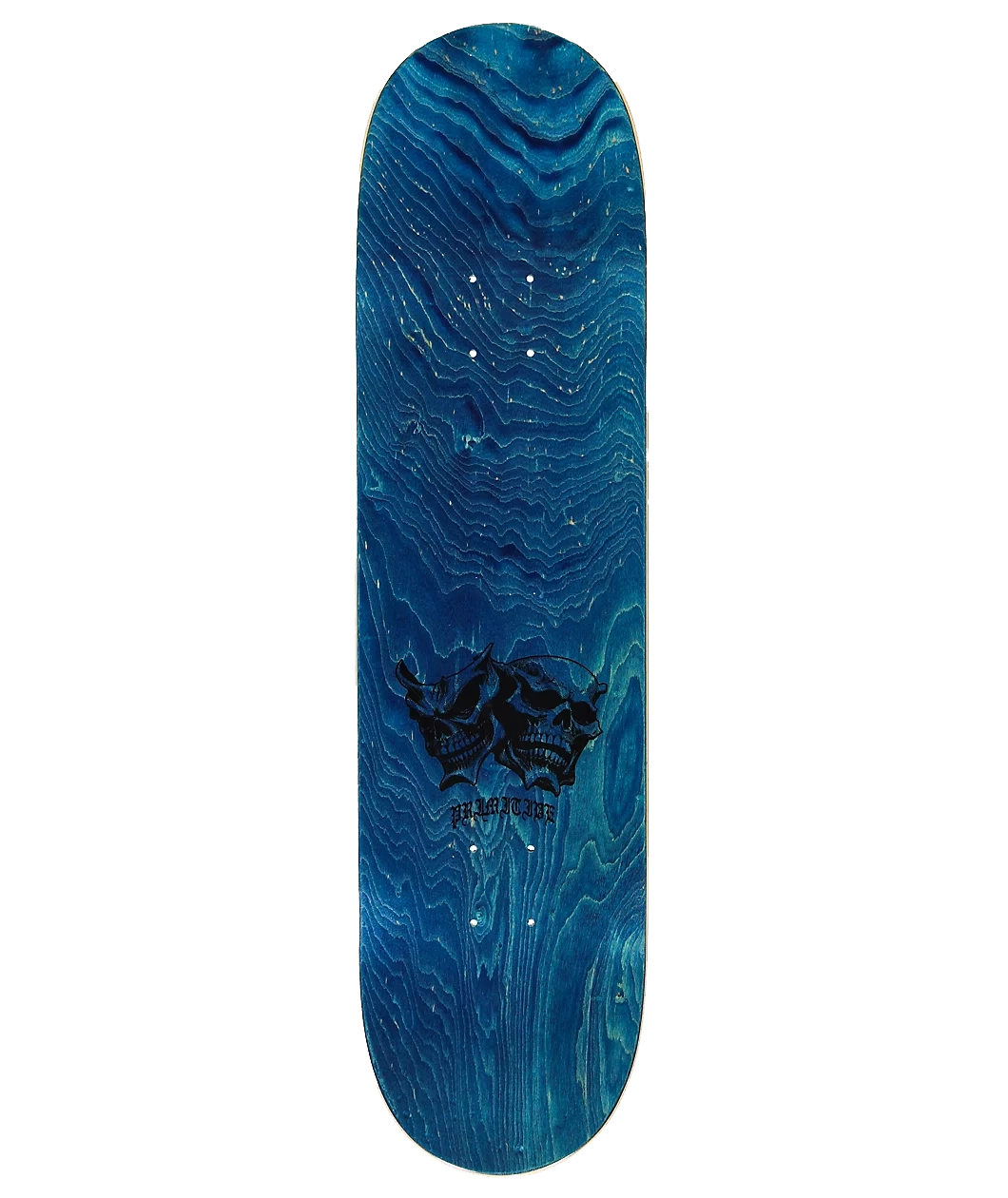 A skateboard deck with a blue wood-grain finish, featuring a black graphic of two skulls and the brand name 'DEADLINE' printed below it, set against a plain white background.