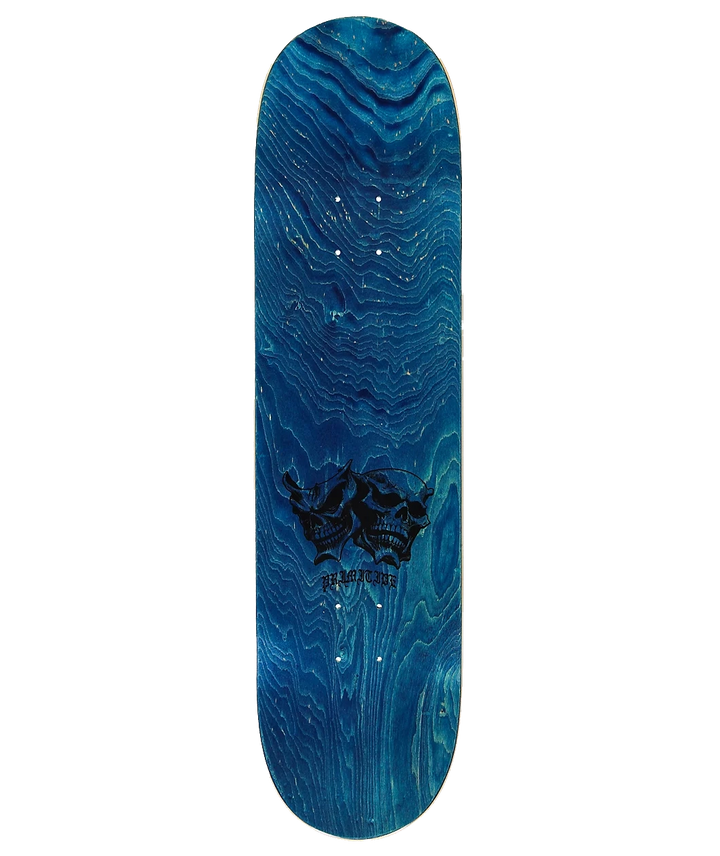 A skateboard deck with a blue wood-grain finish, featuring a black graphic of two skulls and the brand name 'DEADLINE' printed below it, set against a plain white background.