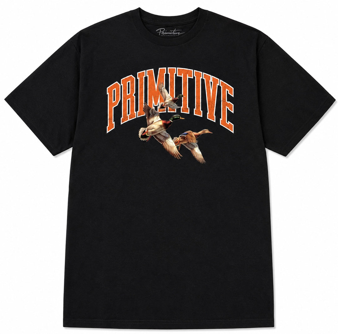 Primitive Flock Tee Black with orange Primitive logo and flying duck graphic on the front.