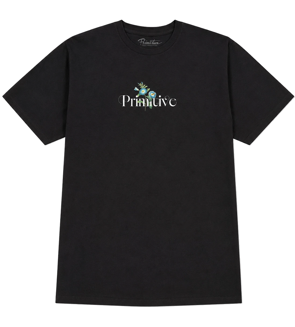 A black short-sleeve crewneck t-shirt by Primitivo, featuring a white 'Primitivo' logo and a small colorful graphic on the chest, displayed flat against a solid white background.