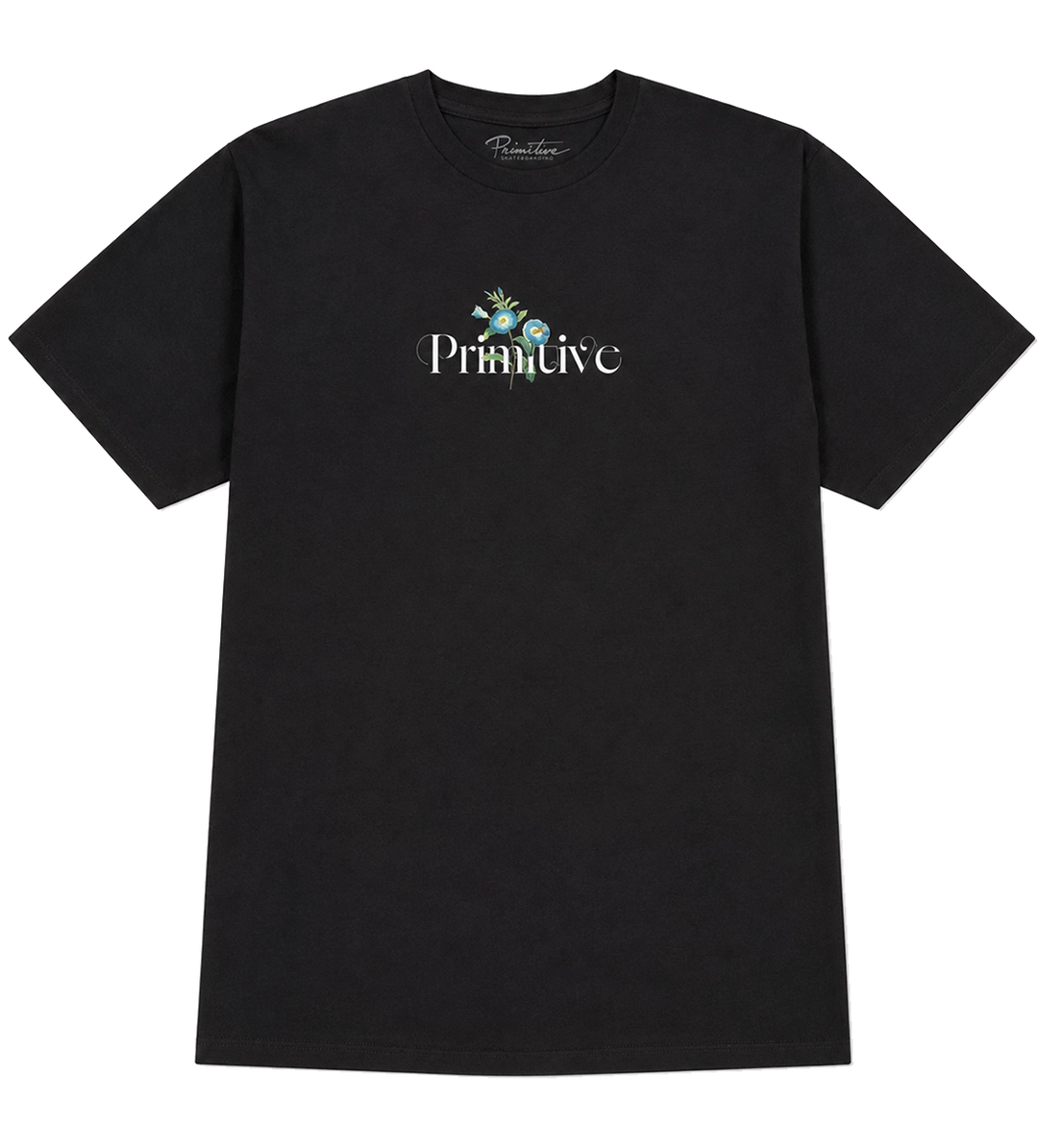 A black short-sleeve crewneck t-shirt by Primitivo, featuring a white 'Primitivo' logo and a small colorful graphic on the chest, displayed flat against a solid white background.