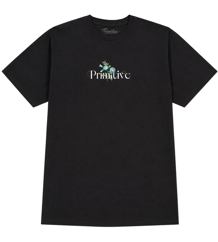 A black short-sleeve crewneck t-shirt by Primitivo, featuring a white 'Primitivo' logo and a small colorful graphic on the chest, displayed flat against a solid white background.