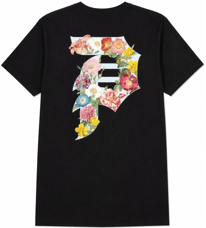Primitive Grove Tee Black with floral Primitive front logo and large floral Dirty P back graphic.