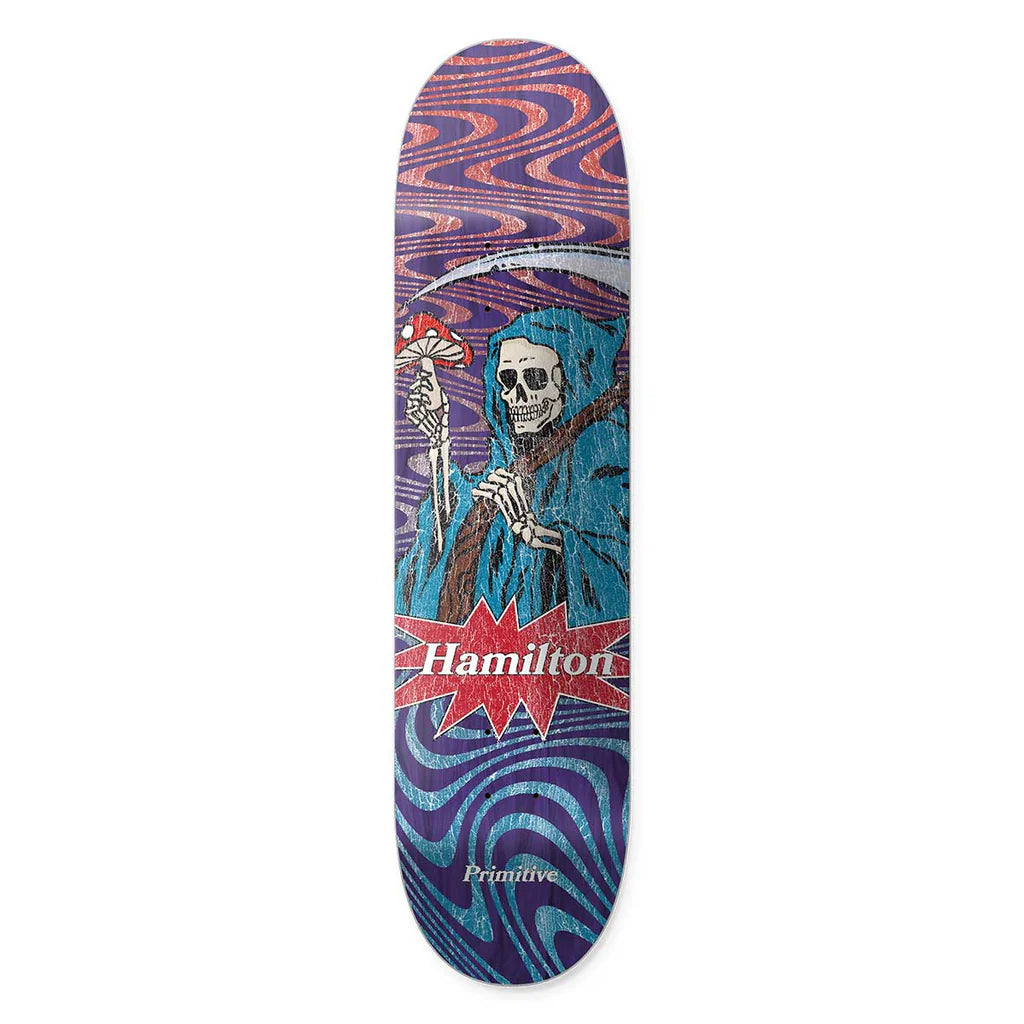 Primitive Spencer Hamilton Offer Deck 8.38" purple veneer with reaper and mushroom graphic, 7-ply maple pro model.