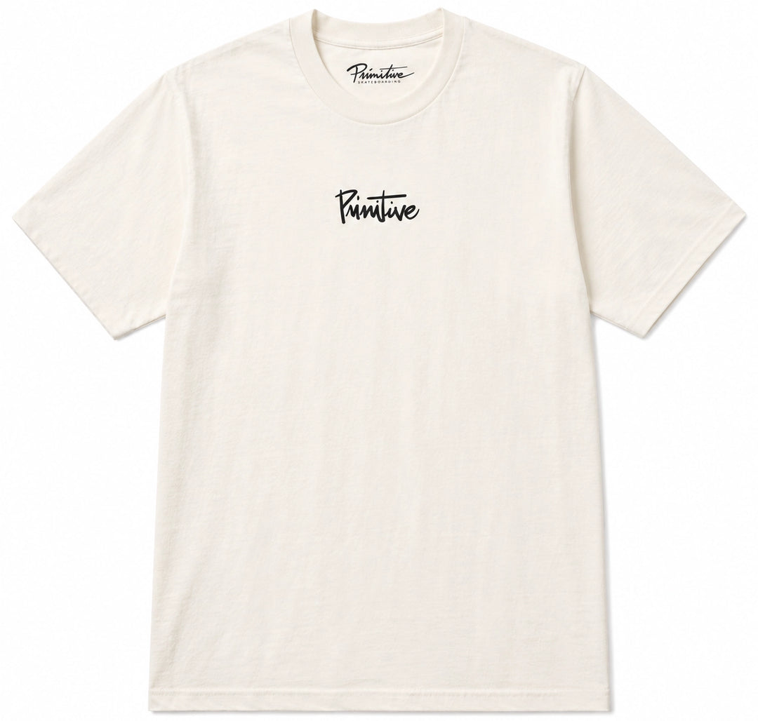 Primitive Orion Tee Cream with black puff print Primitive script logo on the centre chest.
