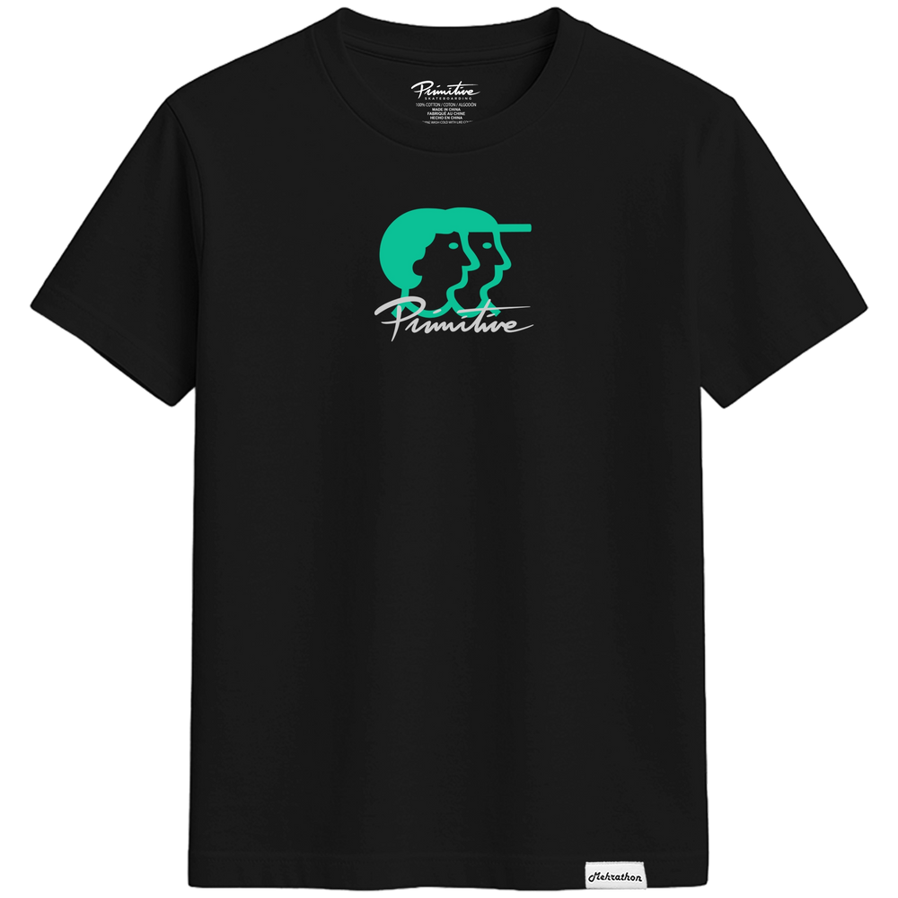 A black short-sleeve crewneck t-shirt featuring a green and white graphic on the chest with the word 'Primitive' and a stylized animal silhouette. The brand name 'Primitive' is visible on the inner neck label and the bottom hem tag.