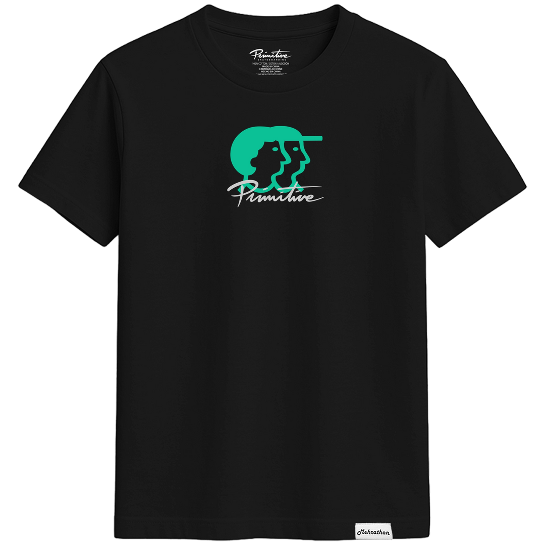 A black short-sleeve crewneck t-shirt featuring a green and white graphic on the chest with the word 'Primitive' and a stylized animal silhouette. The brand name 'Primitive' is visible on the inner neck label and the bottom hem tag.