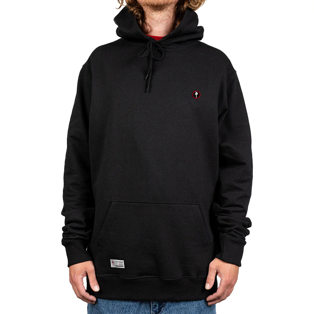 RDS Chung Patch Hoodie in Black, Canadian made with embroidered logo patch and heavyweight cotton-blend fleece