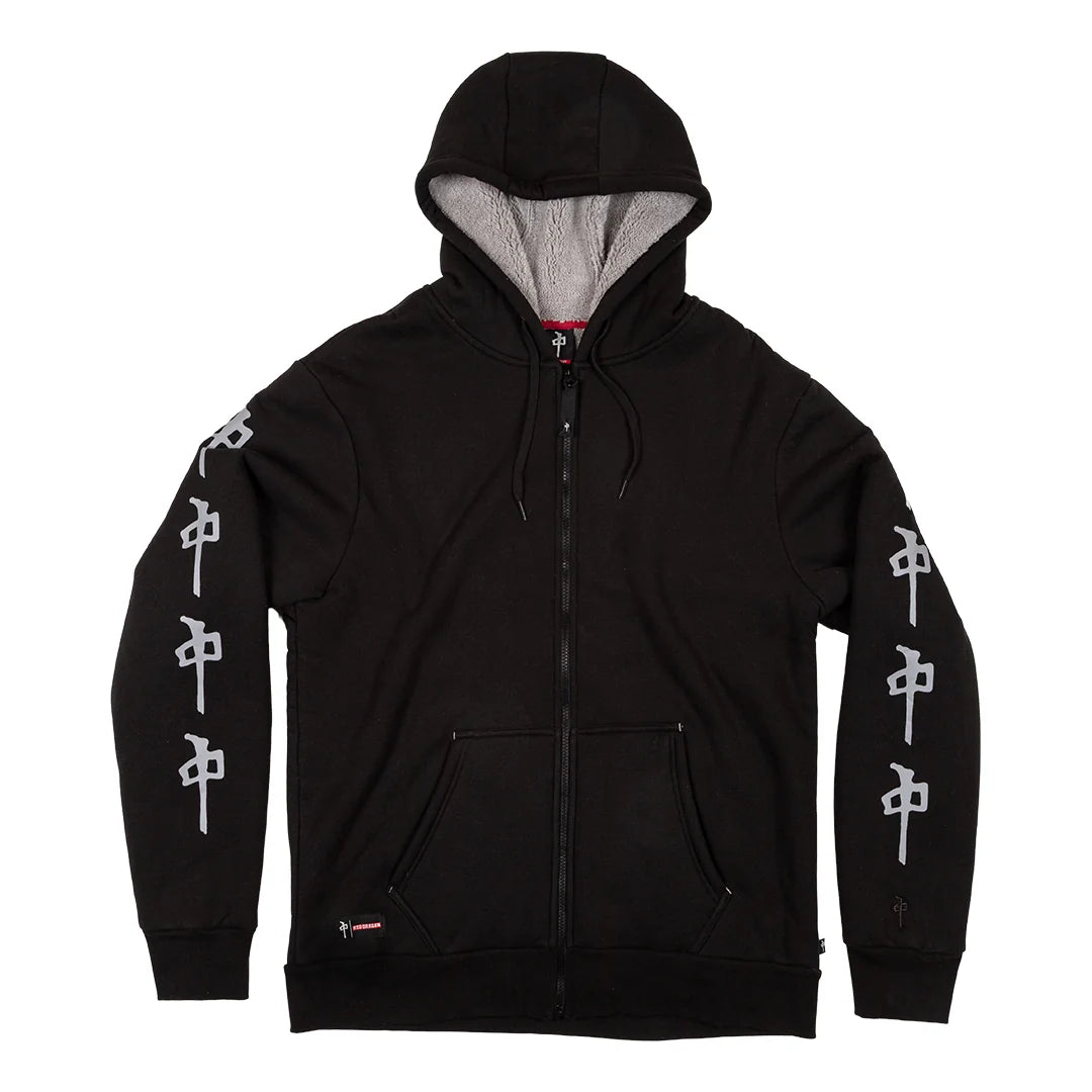 RDS Faux Fur Zip Hoodie Black with grey lining and RDS sleeve graphics