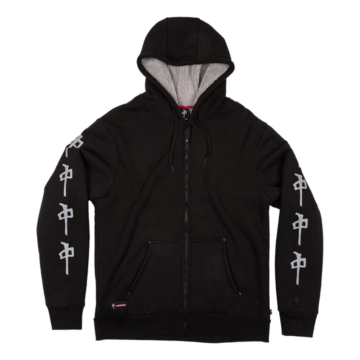 RDS Faux Fur Zip Hoodie Black with grey lining and RDS sleeve graphics