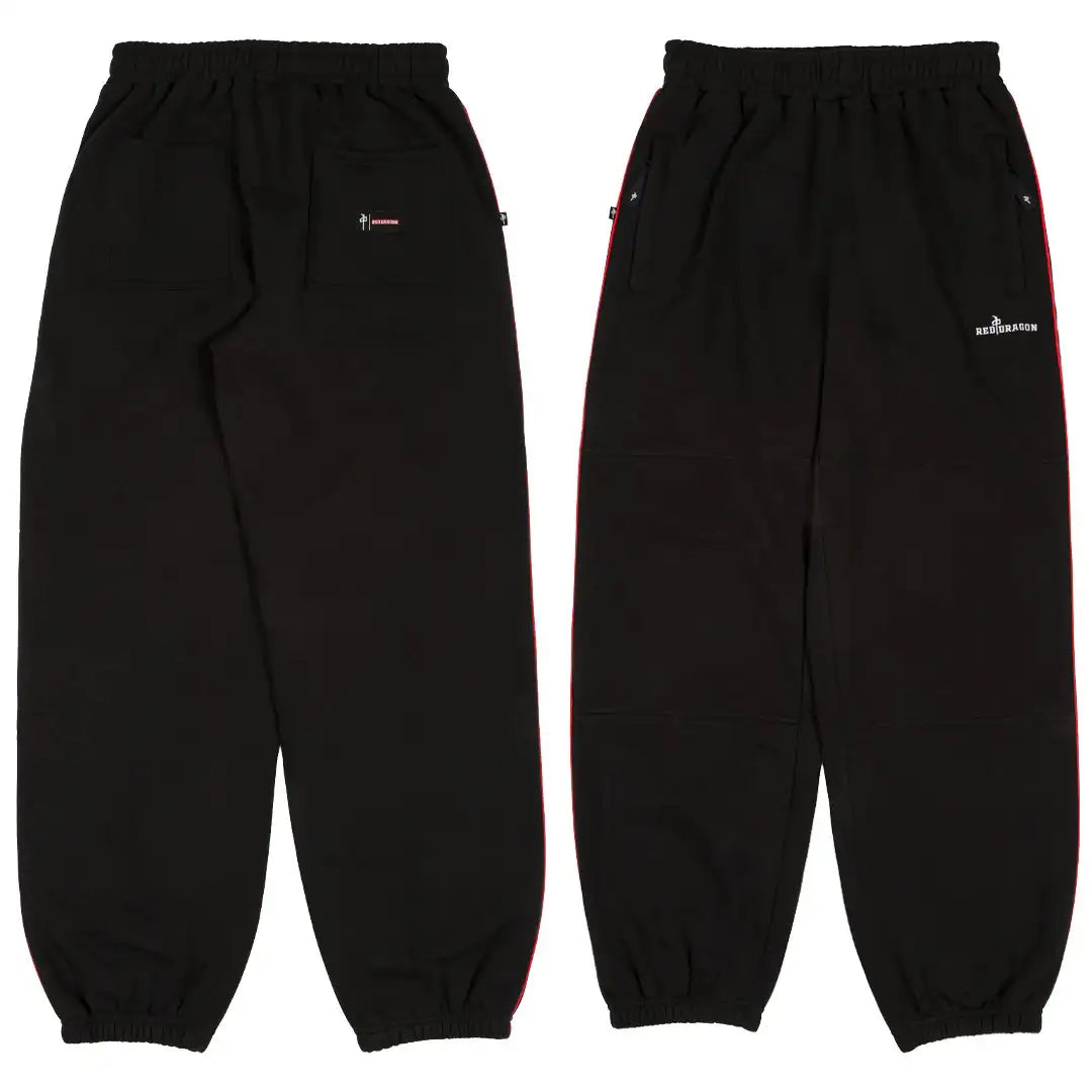 RDS black sweatpants with red side stripe, zip pockets, and Red Dragon logo