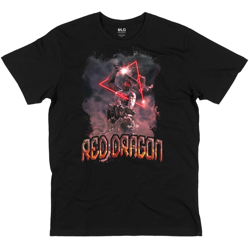 Front view of RDS Herc Tee in black with warrior graphic and Red Dragon logo
