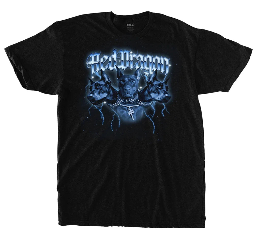 RDS Triblend Hound Tee in Black featuring three-headed dog graphic and lightning, slim fit with ultra-soft tri-blend fabric