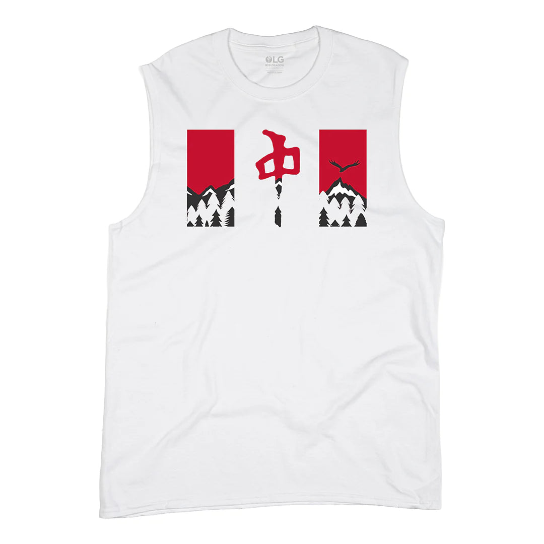 RDS Nature Flag sleeveless tee in white with mountain landscape and Red Dragon logo graphic