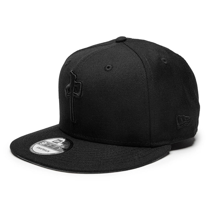 RDS New Era black-on-black snapback hat with embroidered Drop Chung logo and flat brim.