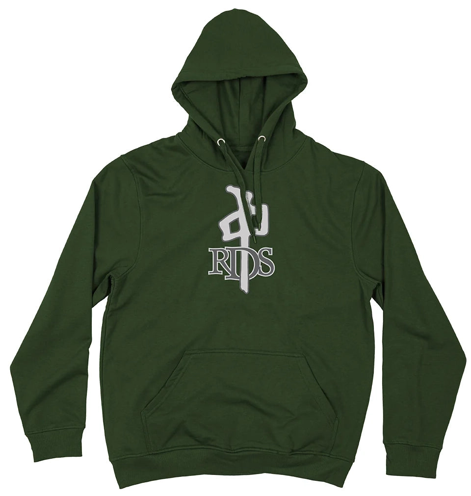 RDS OG Hoodie in forest green with large grey and white Chung logo screen print on the chest.