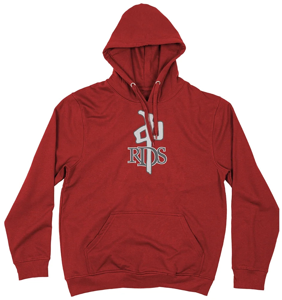RDS OG Hoodie in red with large grey and white Chung logo screen print on the chest.