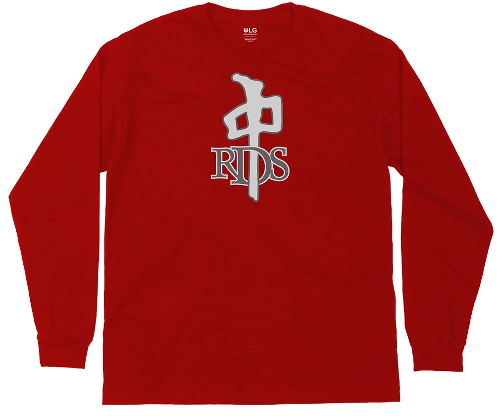 A red long-sleeve t-shirt with a large graphic on the chest featuring a white stylized character and the letters 'RDS' outlined in gray.
