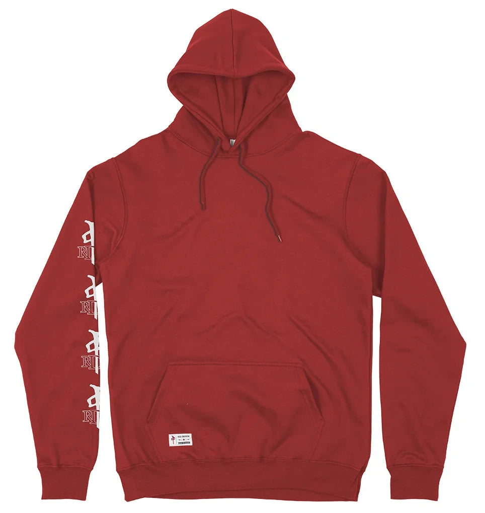 RDS OG Puff Hoodie Red Canadian-made pullover with white RDS sleeve graphics