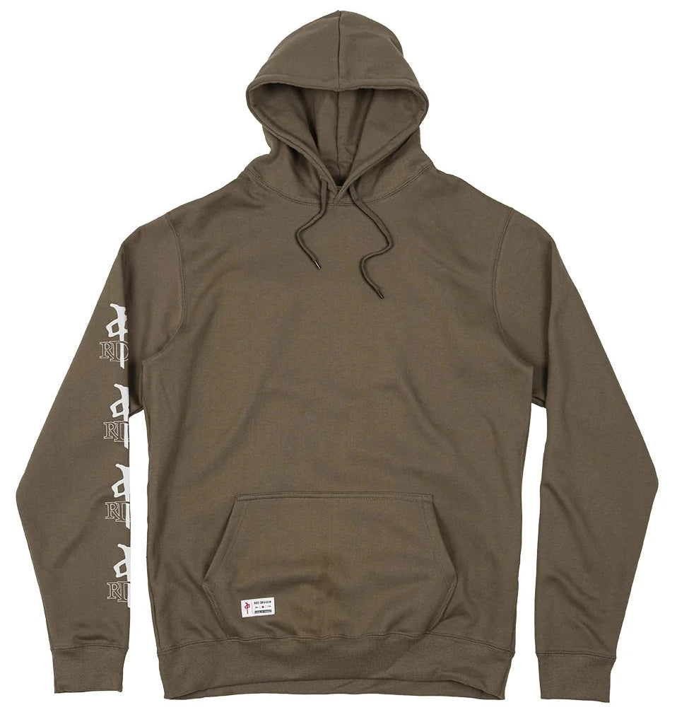 RDS OG Puff Hoodie Tactical Green Canadian-made pullover with RDS sleeve graphics