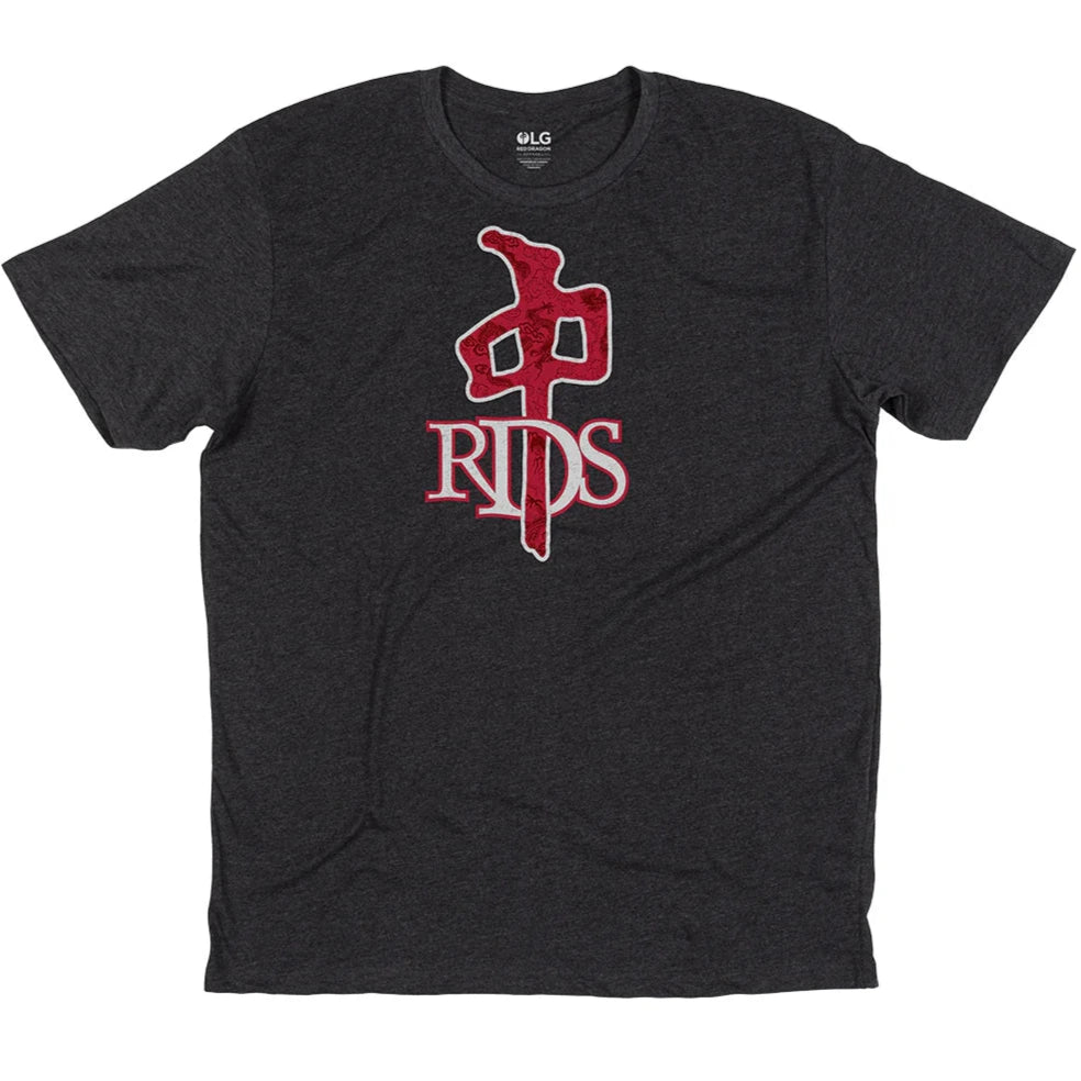  Front view of RDS OG Satin Dragon Tee in charcoal heather with red satin dragon Chung logo