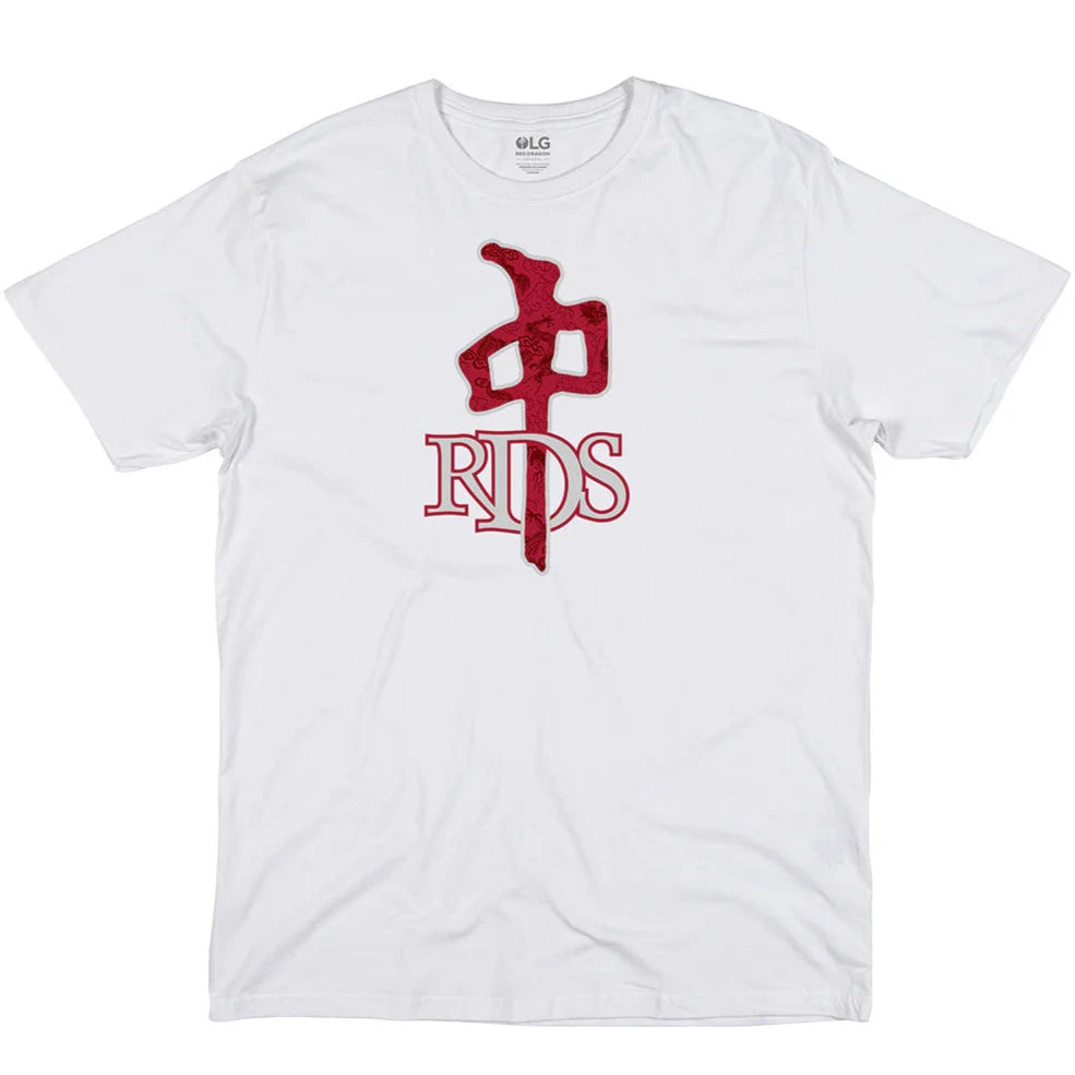 Front view of RDS OG Satin Dragon Tee in white with red satin dragon Chung logo