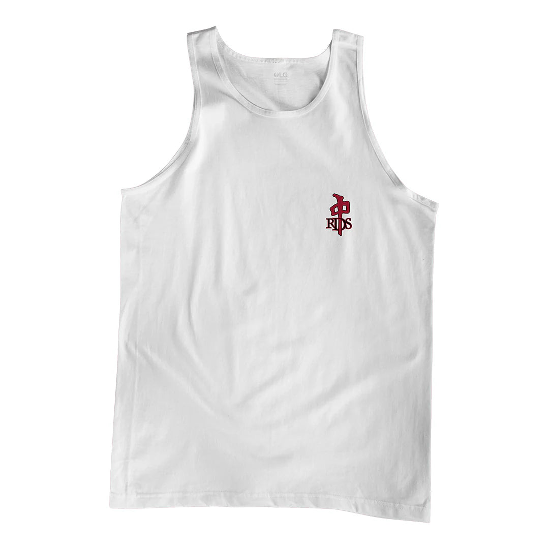 RDS OG Small Logo Tank in White with red chest logo, lightweight summer tank perfect for skate or chill days