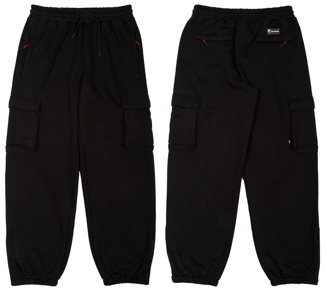 Front and back view of RDS Tech Cargo Sweatpants in black with zippered pockets and cargo storage