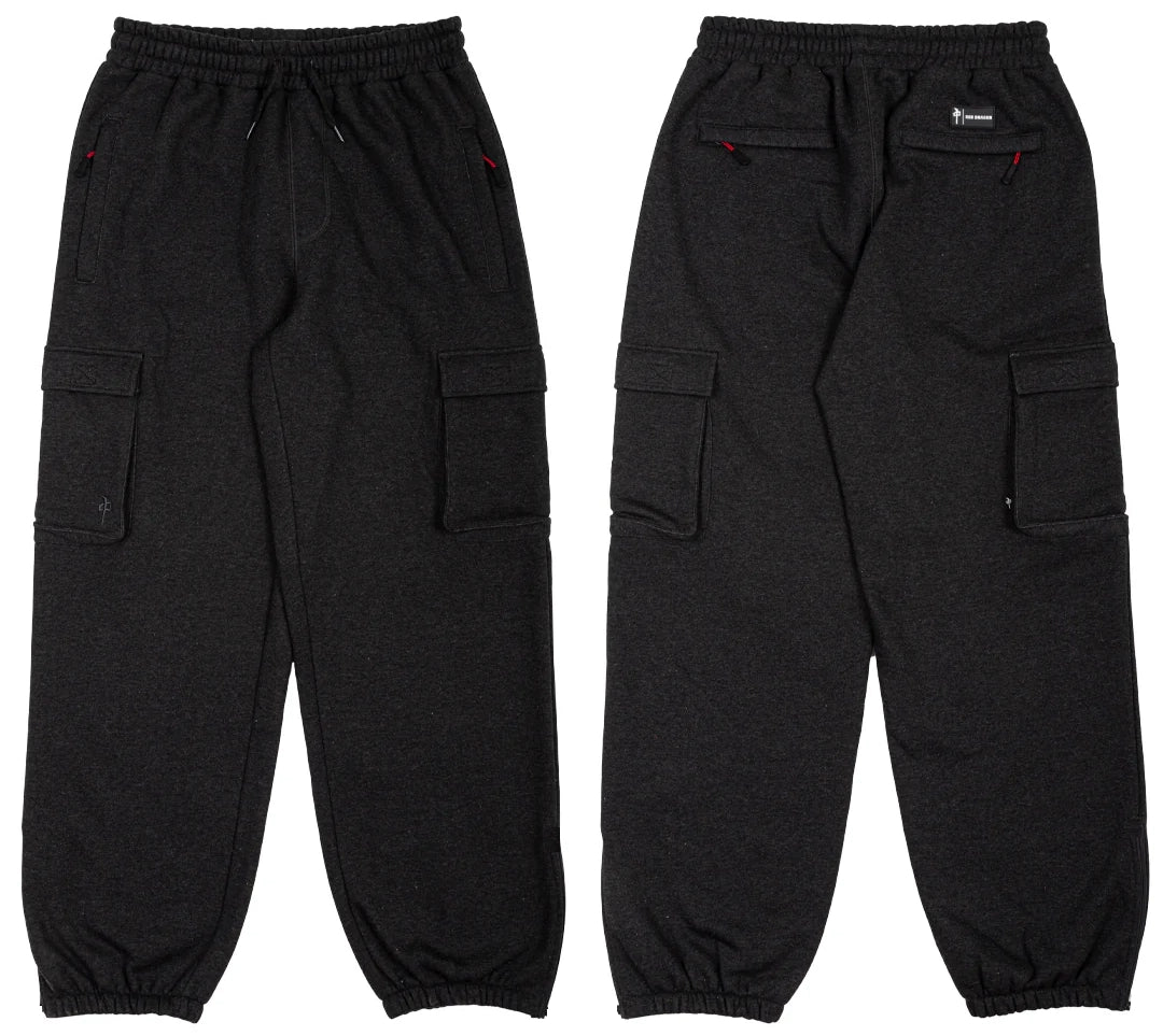 Front and back view of RDS Tech Cargo Sweatpants in charcoal with zippered pockets and cargo storage