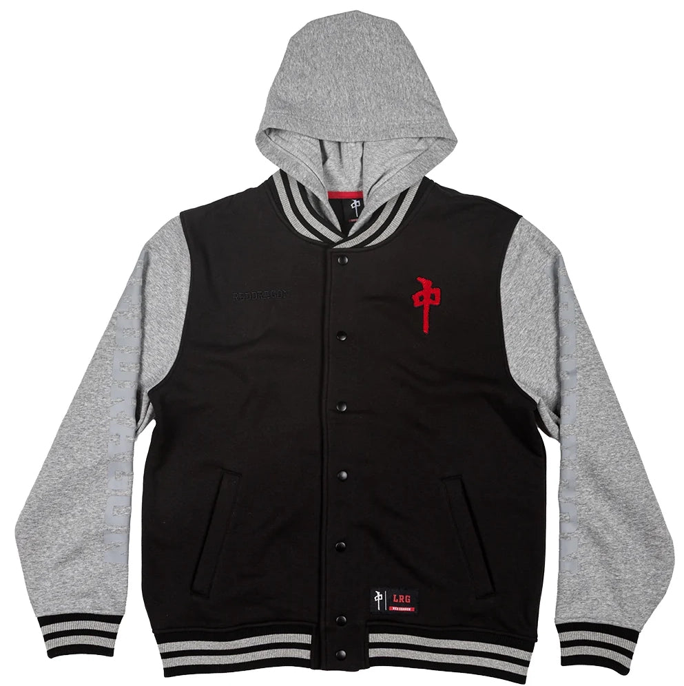 A varsity-style hooded jacket with a black body, heather gray sleeves and hood, and red embroidered details on the chest and ribbing.