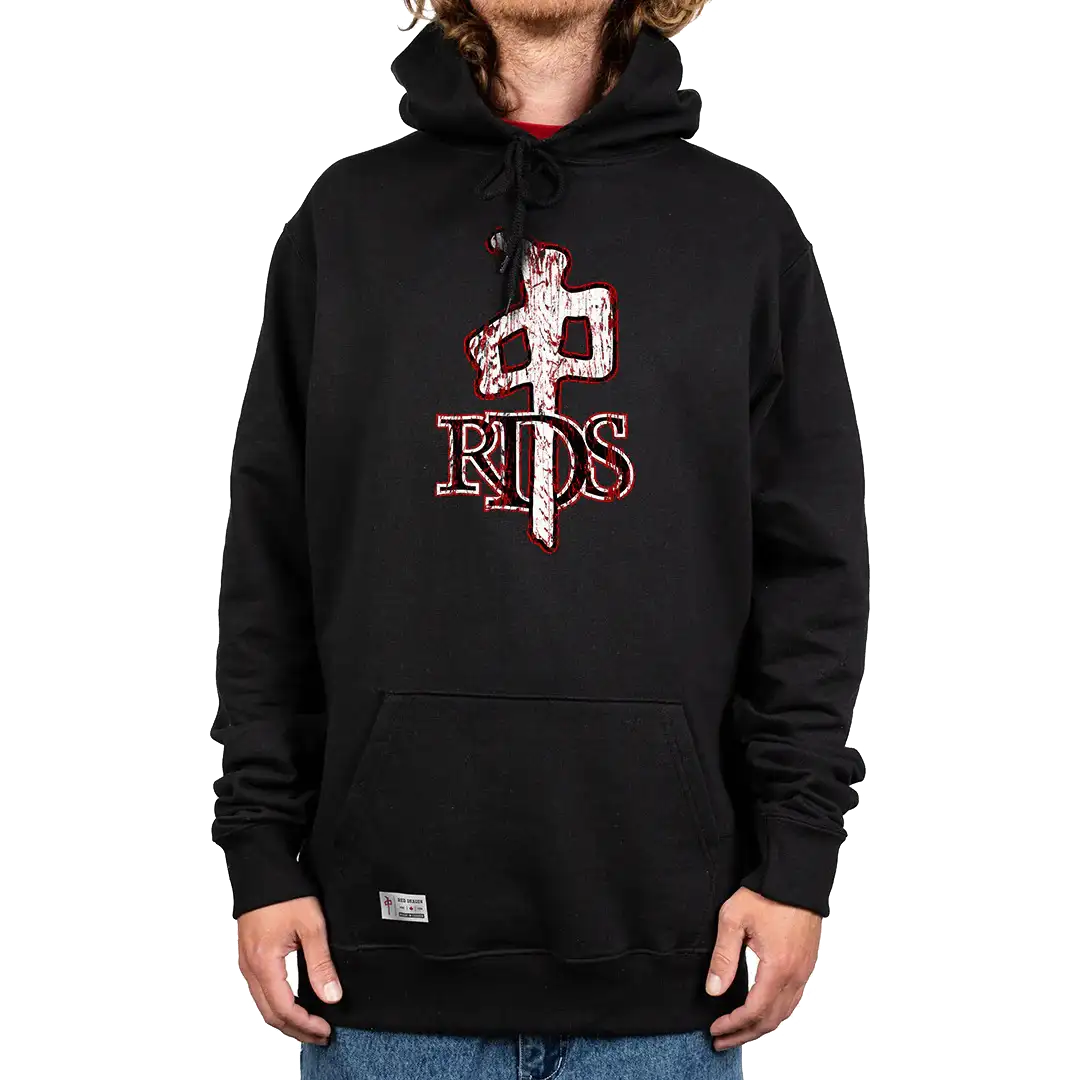 Black RDS Worn Wood hoodie with distressed red and white Chung logo on the chest