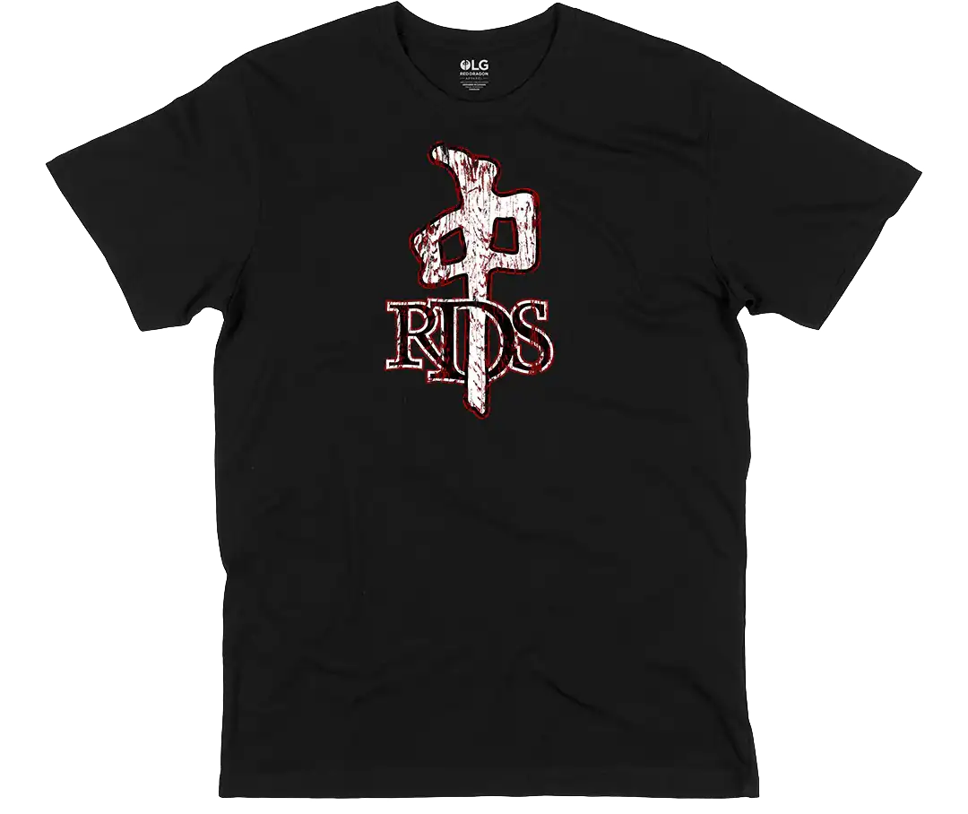 Black RDS Worn Wood t-shirt with distressed red and white RDS logo screenprinted on the front