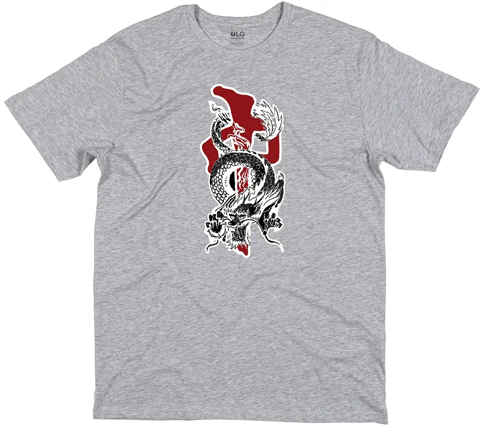 RDS Yang Tee Heather Grey with red black and white dragon graphic
