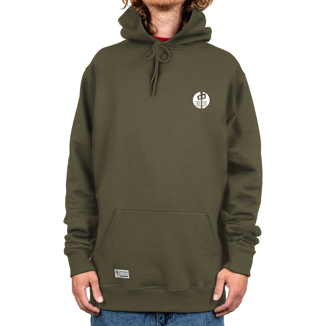 RDS OG Button hoodie in tactical green with small chest logo and kangaroo pocket