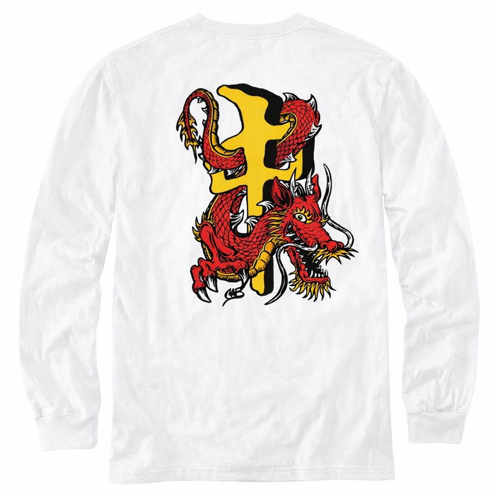 White RDS x Steve Caballero long sleeve t-shirt with dragon graphic on the back and small chest print