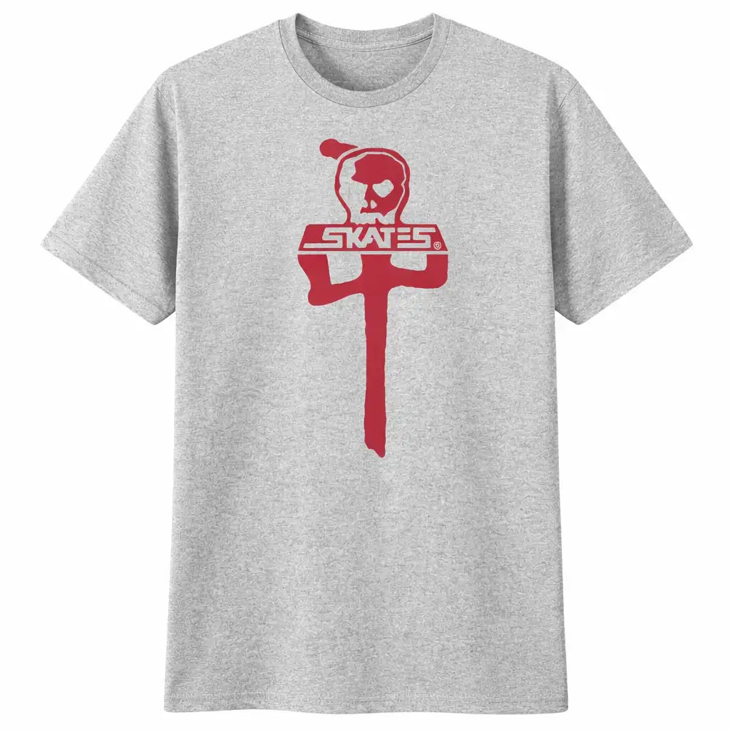 Heather grey RDS Skates t-shirt with red Red Dragon skull logo printed on the chest