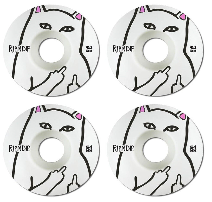 RipnDip Lord Nerm 52mm skateboard wheels in white with iconic RipnDip cat graphic for street skating