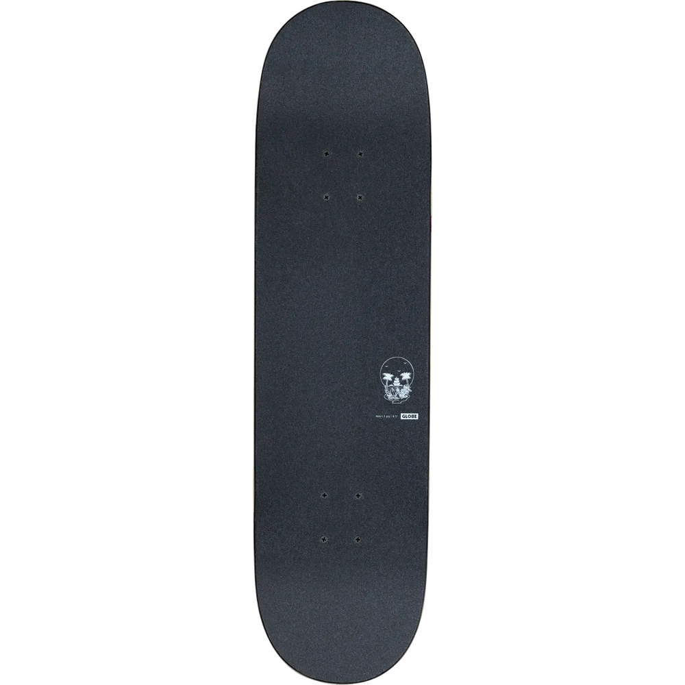 Black skateboard deck with a white skull design on a white background