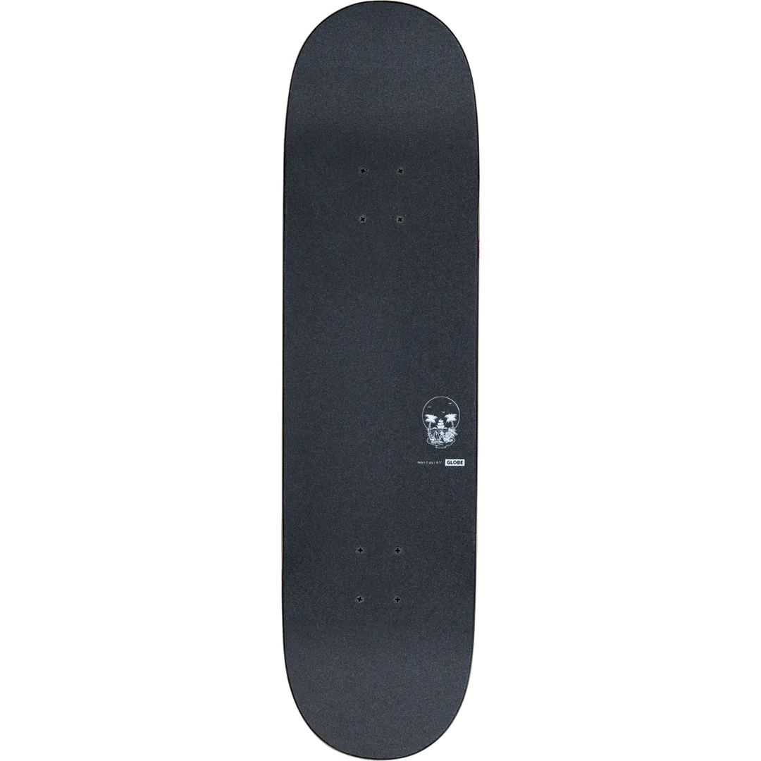 Black skateboard deck with a white skull design on a white background