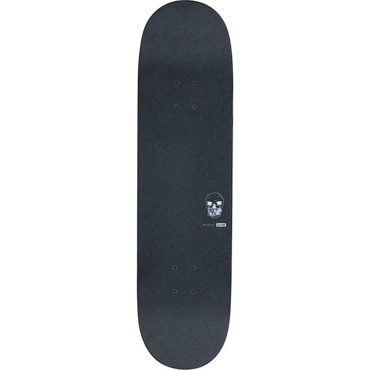 Black skateboard deck with a white skull design on a white background
