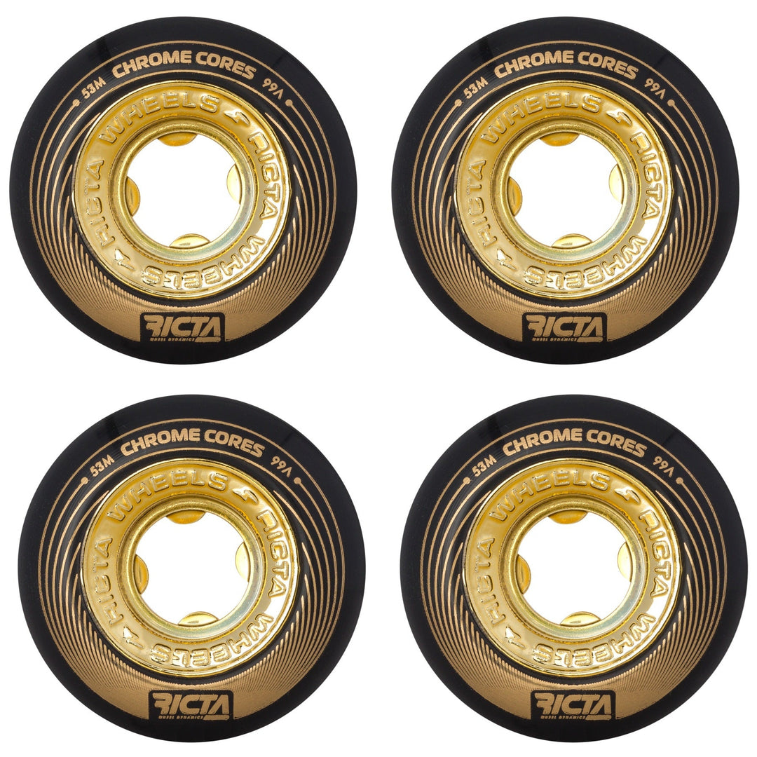 Four Ricta 53mm skateboard wheels arranged in a 2x2 grid on a white background. Each wheel features a black outer barrel with gold graphics and a prominent gold chrome core.