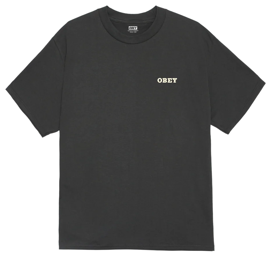 Black t-shirt with 'OBEY' logo on a white background
