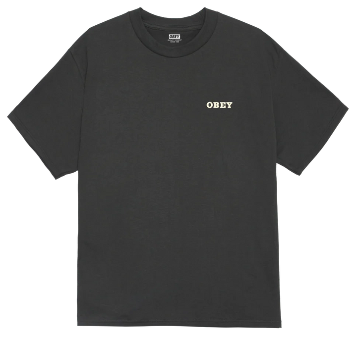 Black t-shirt with 'OBEY' logo on a white background