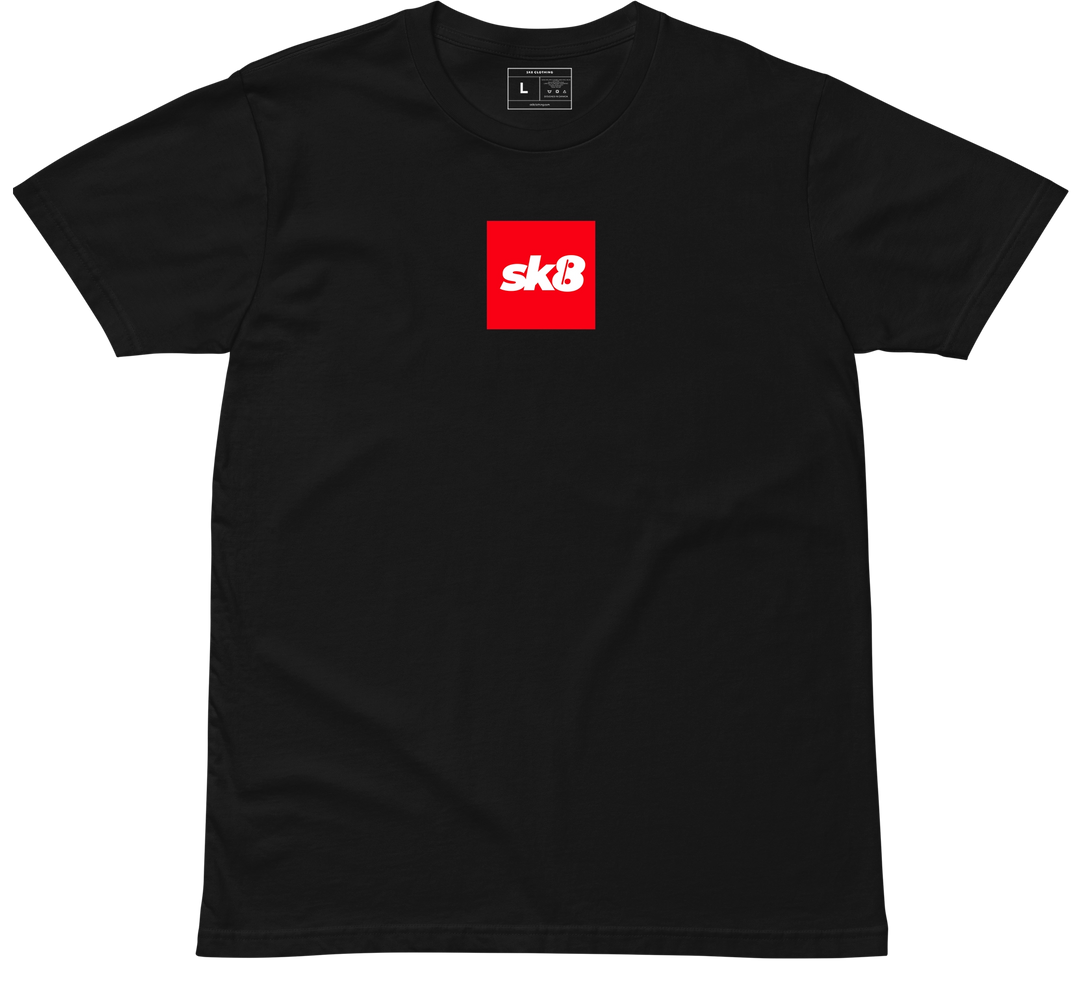 Black t-shirt with a red logo on a white background