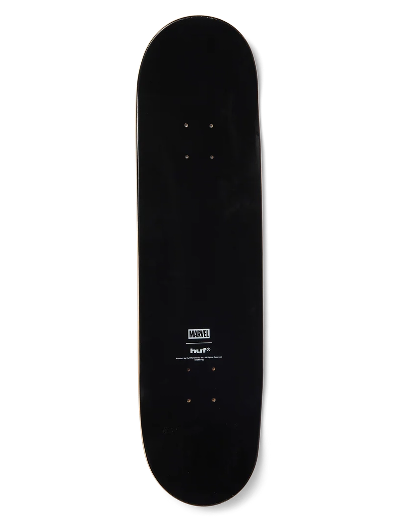 A black skateboard deck shown vertically against a plain white background, featuring a small white Marvel logo and 'Peace' text near the bottom.