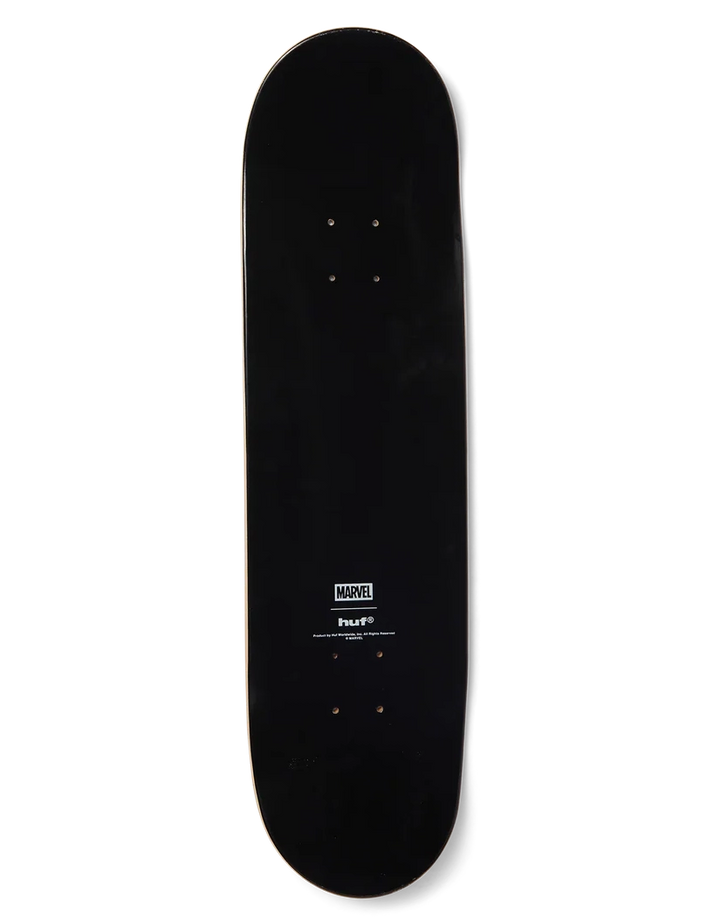 A black skateboard deck shown vertically against a plain white background, featuring a small white Marvel logo and 'Peace' text near the bottom.